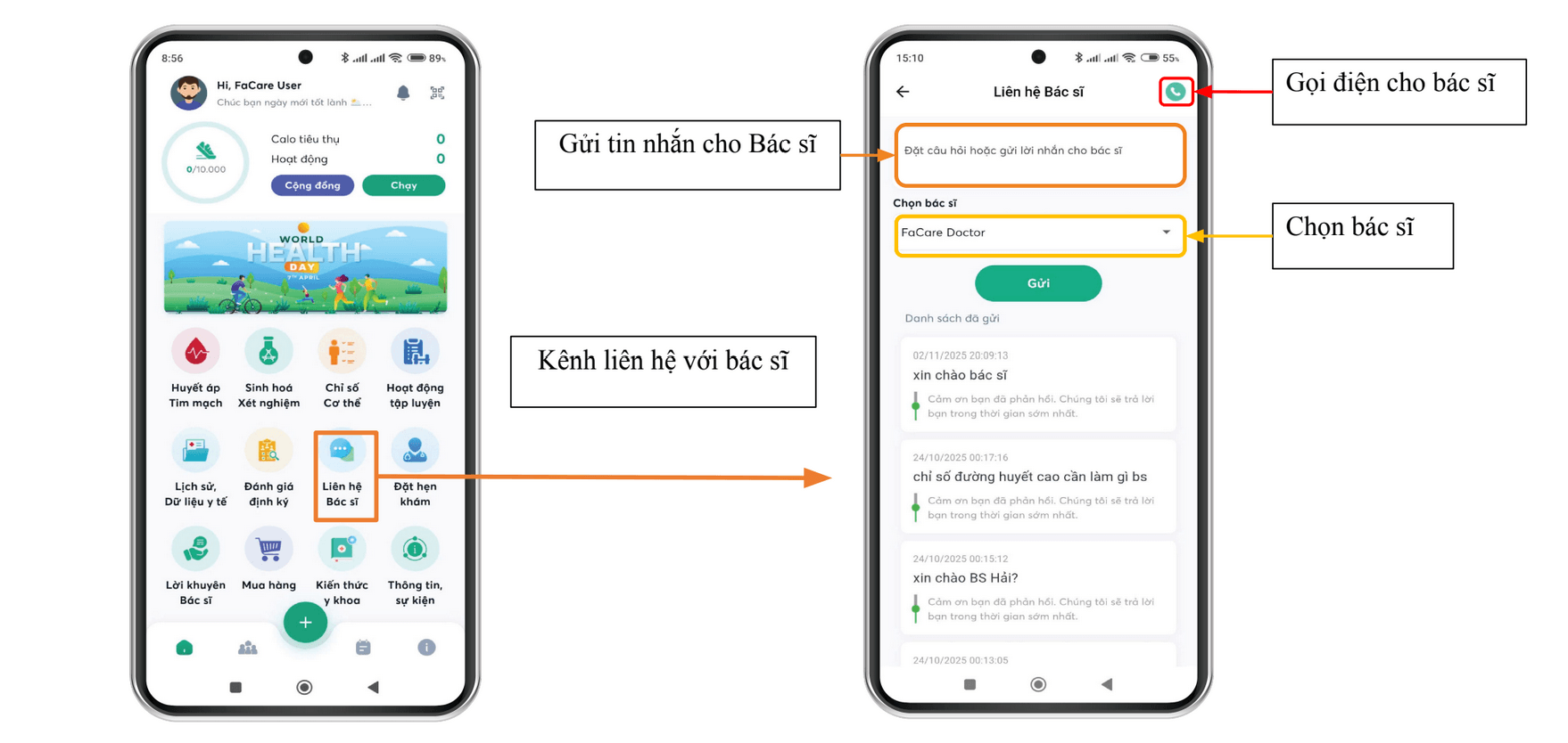 Tính năng liên hệ bác sĩ trên app FaCare